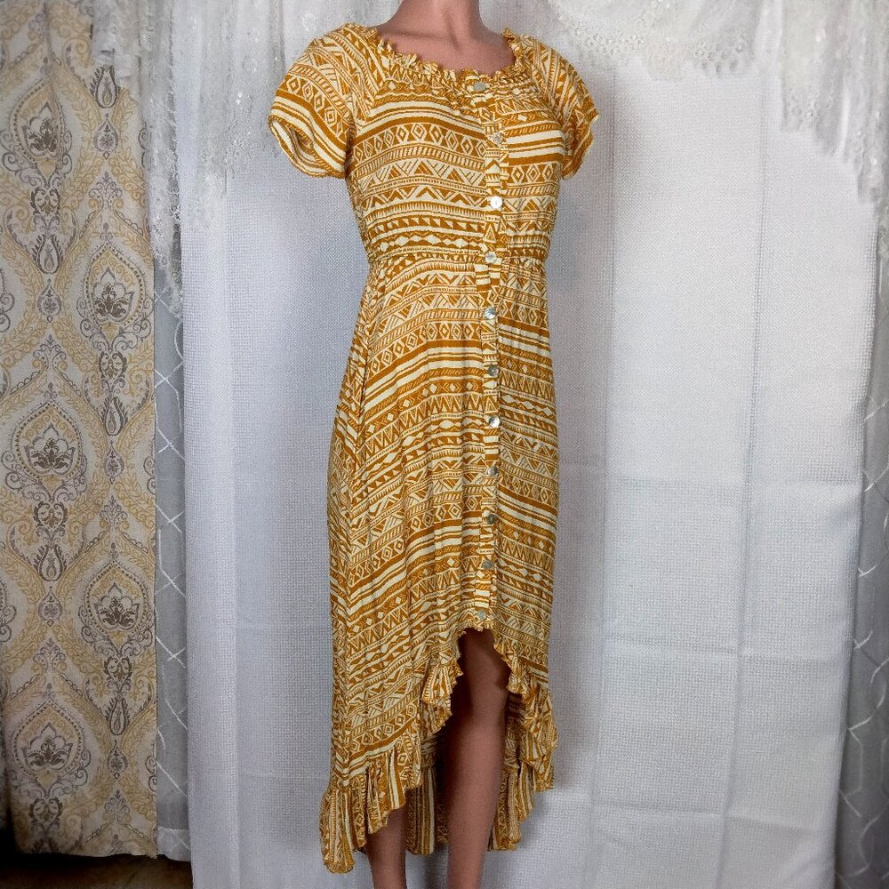 Western Style Mustard Yellow High Low Dress with buttons Ruffle hemline